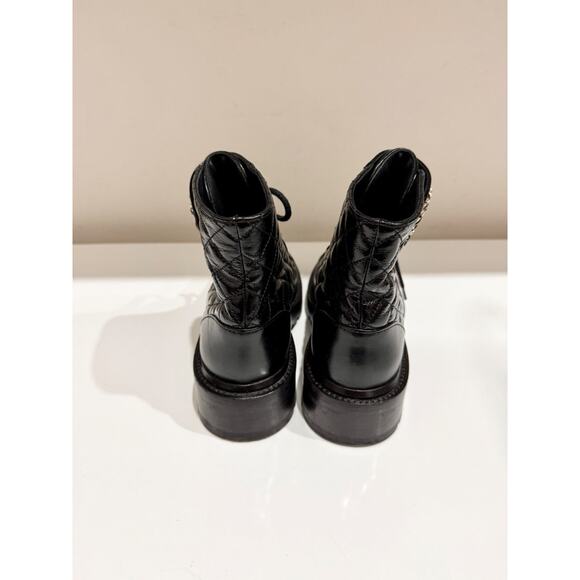 CHANEL Shiny Calfskin Quilted Lace Up Combat Boots with Metal Logo Black EU 37 - Picture 6 of 9